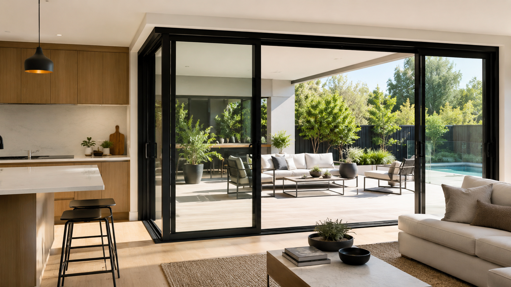 Aluminum sliding doors connecting a modern kitchen and living room with the outdoor patio