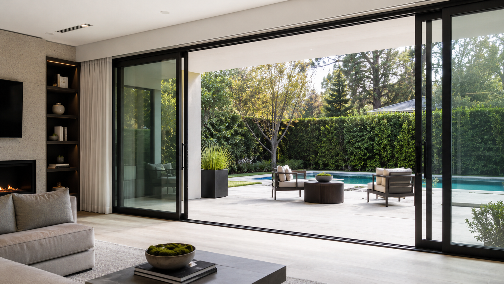 Aluminum patio sliding door creating an open indoor and outdoor living space