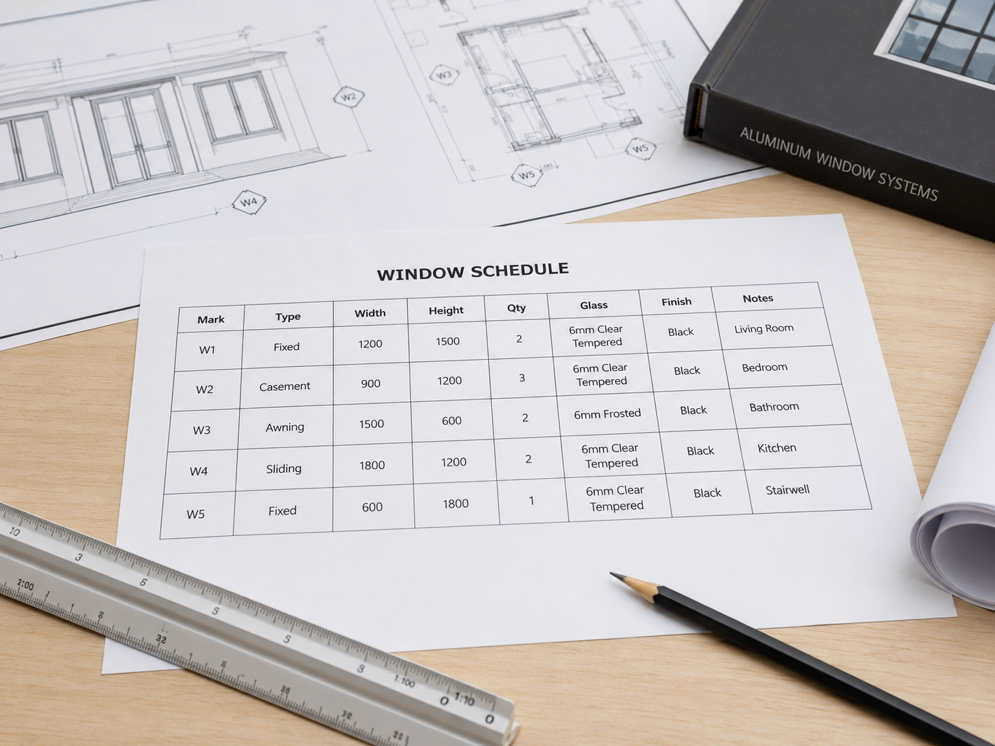 Window schedule for a custom aluminum window project