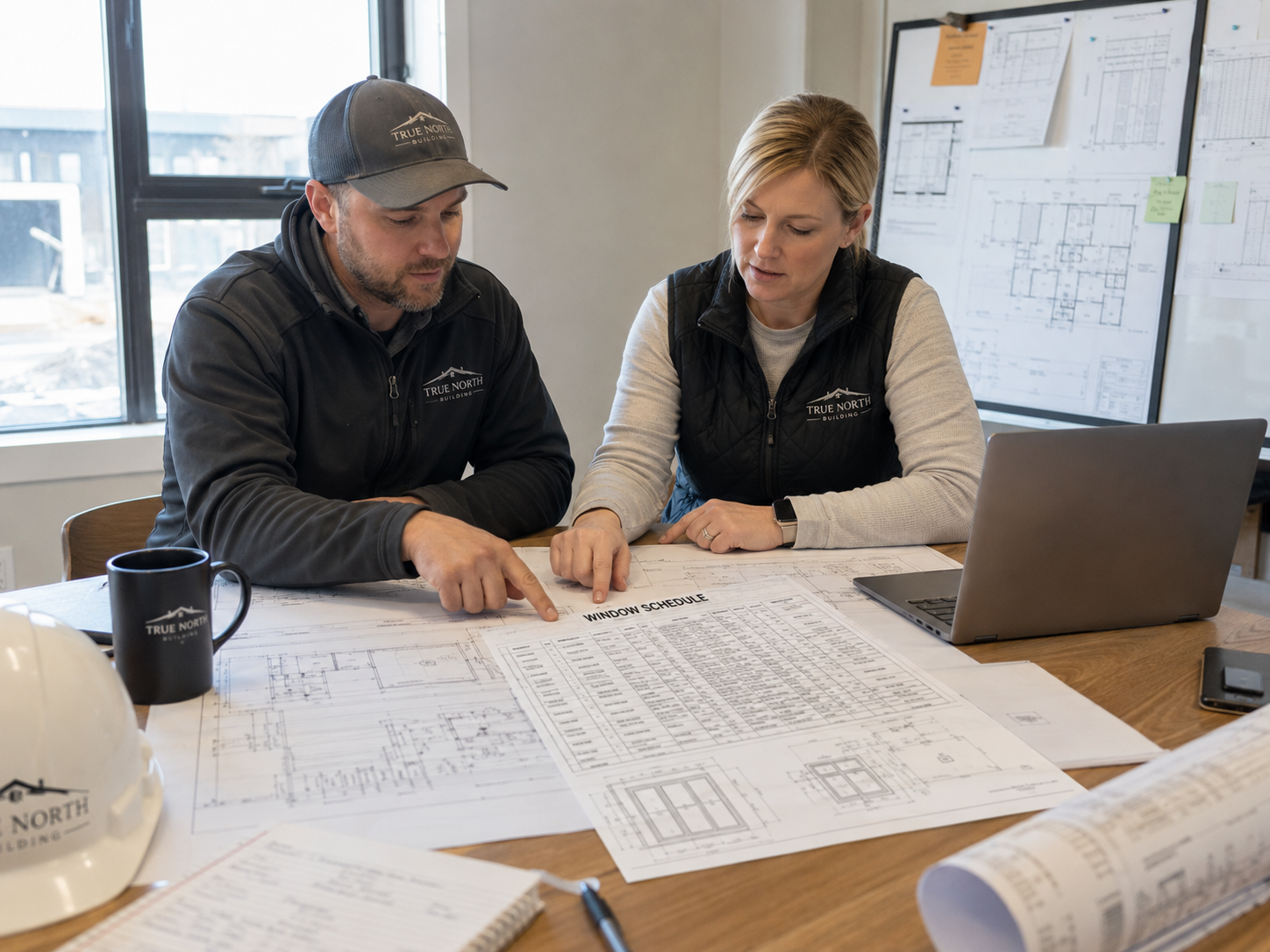 Builder reviewing window schedule drawings and rough opening sizes