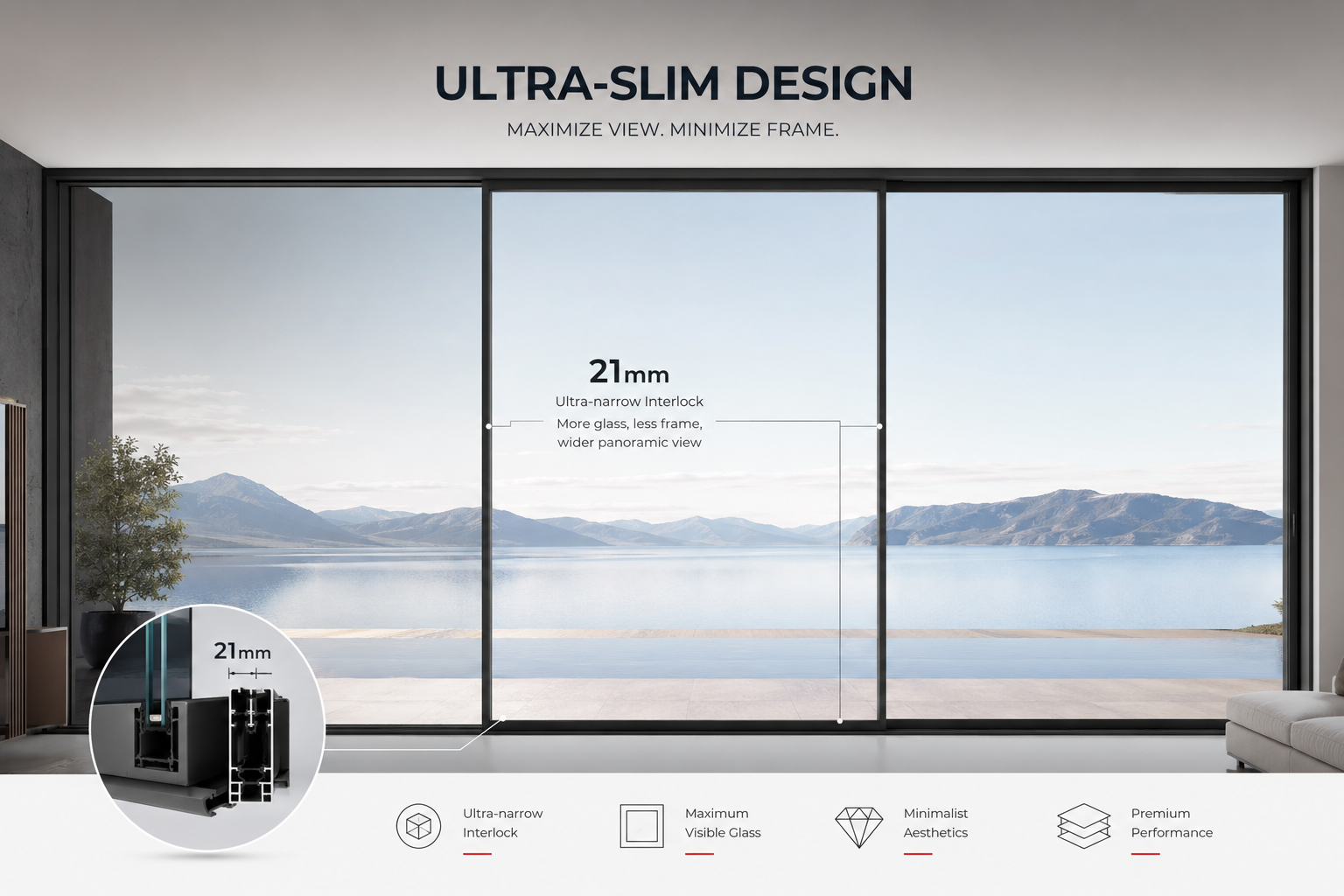 21mm ultra-slim panoramic aluminum sliding door detail