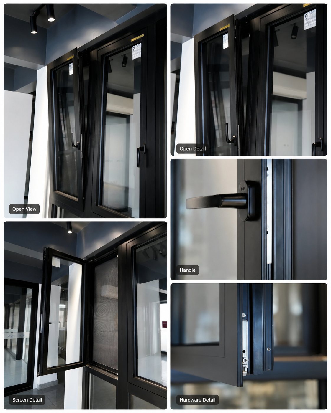 Aluminum tilt and turn window in tilt and full turn positions