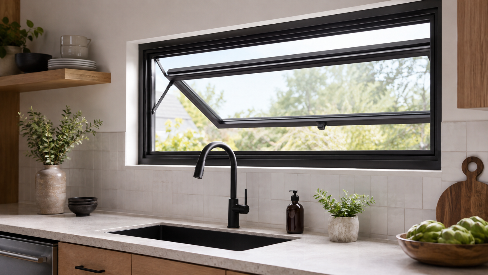 Black aluminum kitchen awning window installed above a counter