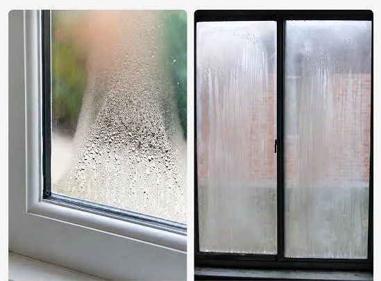 Fogging between double-pane window glass as a common sign of insulated glass seal failure.