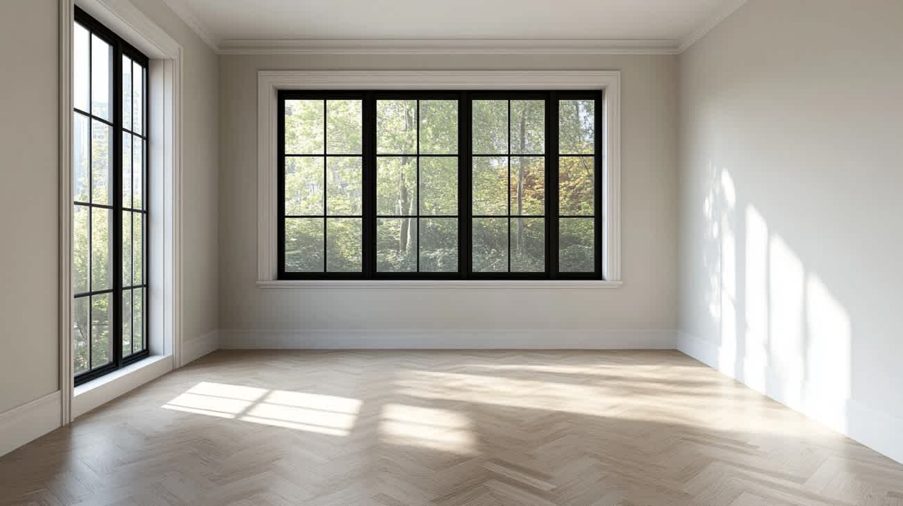 Black aluminum window showing the difference between the window frame and surrounding interior trim or casing