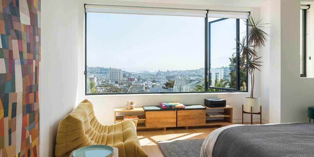 Thermal break aluminum casement window open in a modern residential building