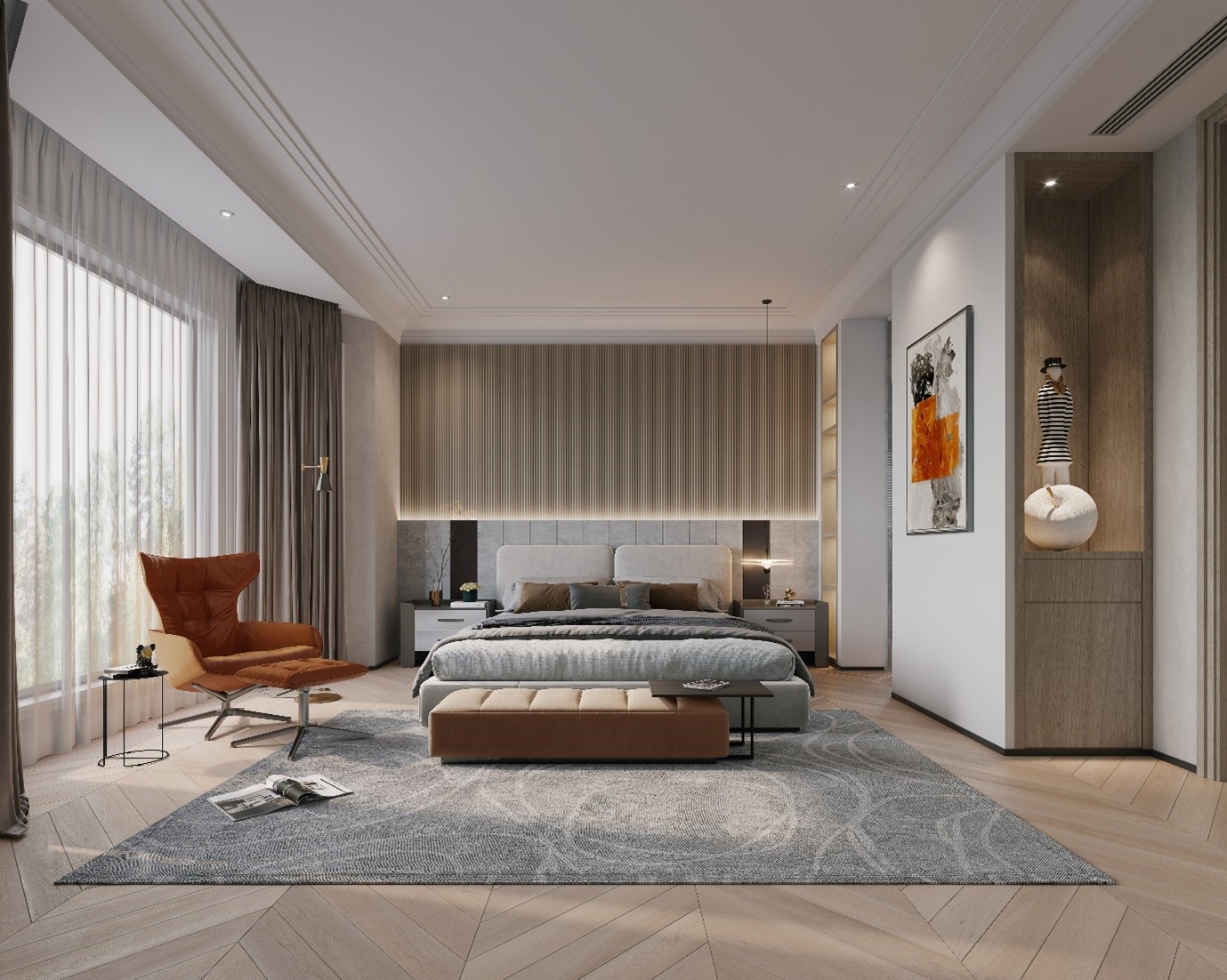 Modern bedroom with an operable aluminum window sized for daylight and ventilation