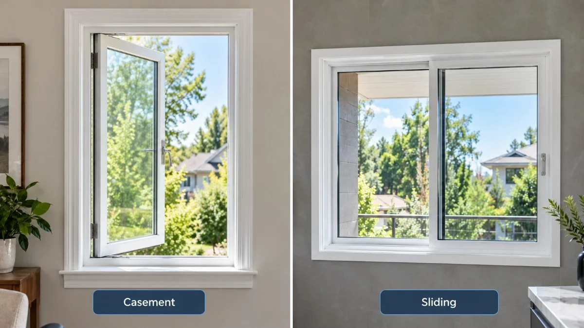 Comparison of aluminum casement and sliding windows in a modern residential home