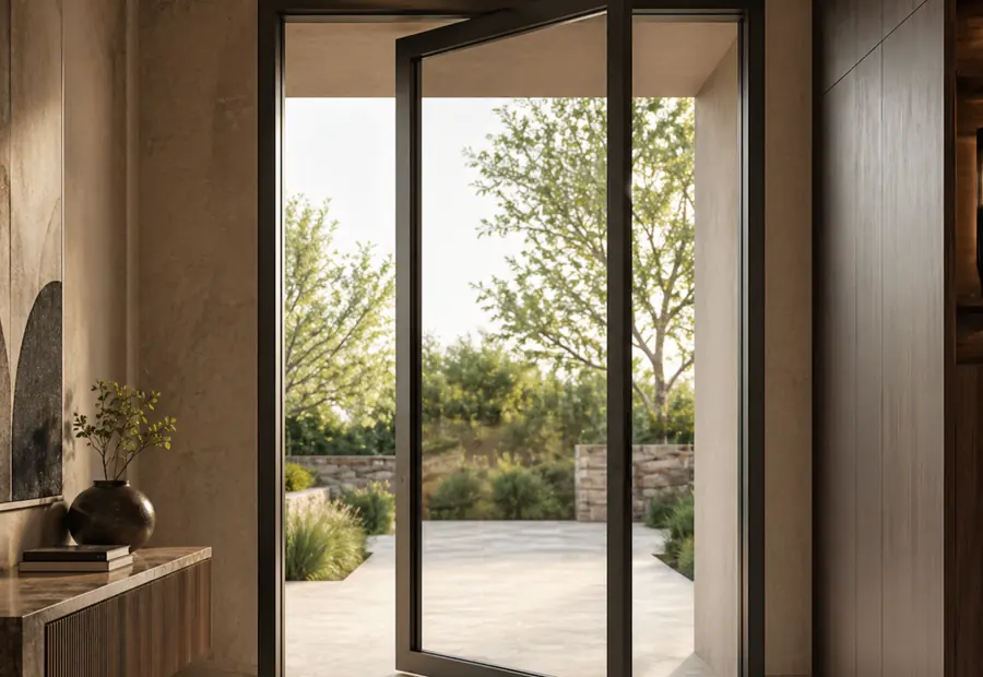 AMJ 100 Series Pivot Door installed in a North American residential interior