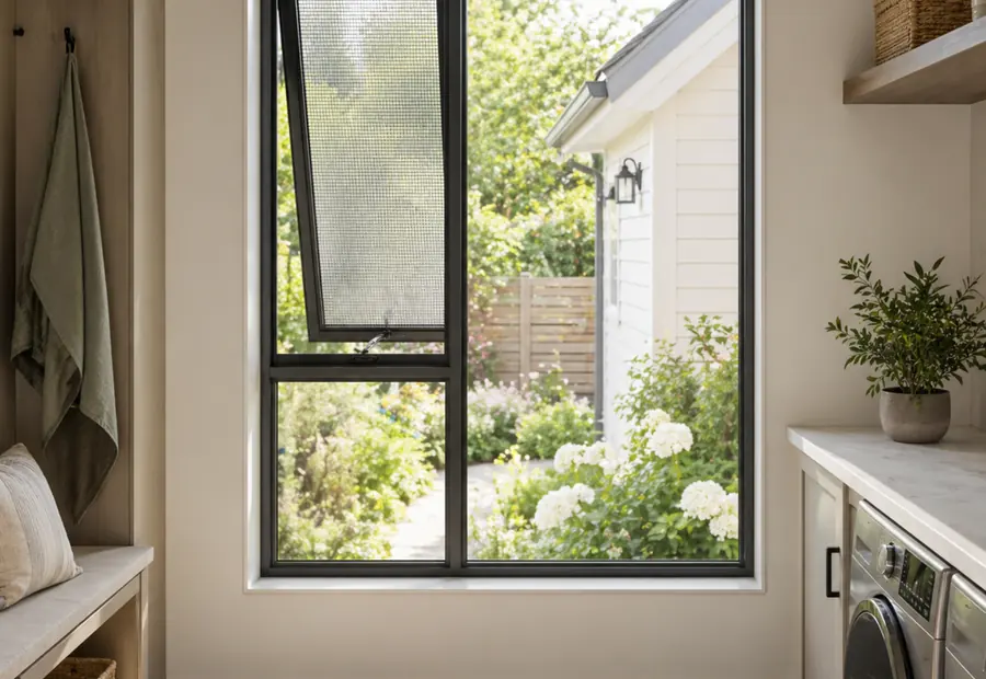 AMJ 100T Series Awning Window installed in a North American residential interior